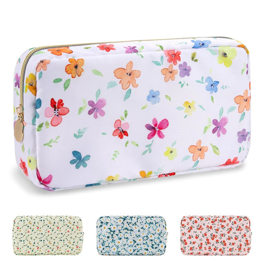 Waterproof Small Floral Makeup Bag Pouch for Purse,Nylon Flower Cosmetic Bag Preppy Travel Toiletry Storage Bag for Women Girl,Cute Makeup Organizer Bag Pouch with Zipper(Small Colorful-Flowers)
