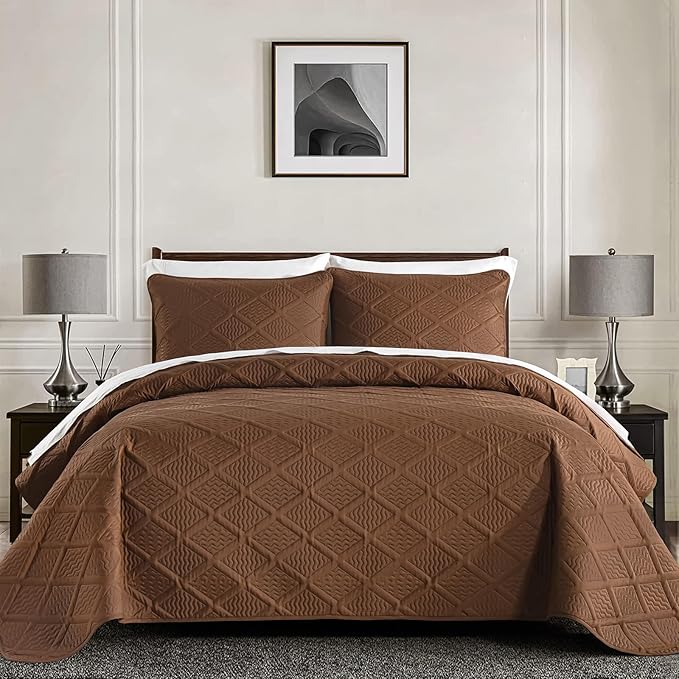 Yiran Brown Quilt Set Queen Size, 3 Piece Reversible Bedspreads Bedding Set, Winter Diamond Pattern Coverlet for All Season with 2 Pillow Shams (Full/Queen, 96x90 Inch)