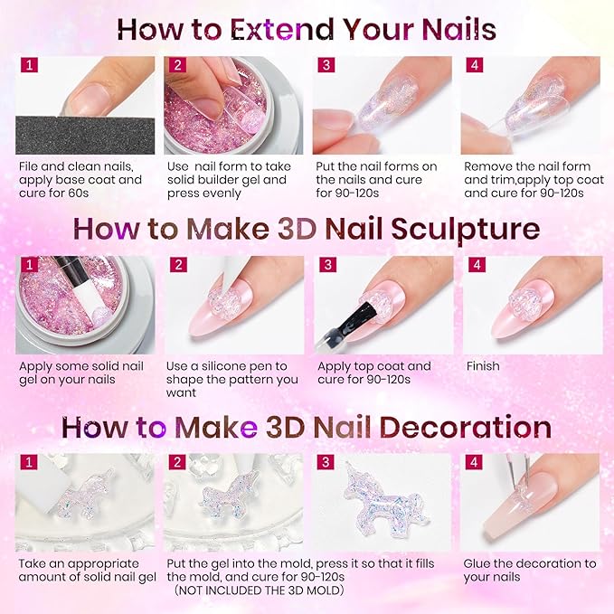 MIZHSE 2PCS Solid Builder Gel for Nails: 30g/1oz Clear & Pink Glitter Hard Gels for Nails 3D Gel with Dual Forms 3D Silicone Mold Soak off U V Builder Gels for Nail Art Manicure Home DIY