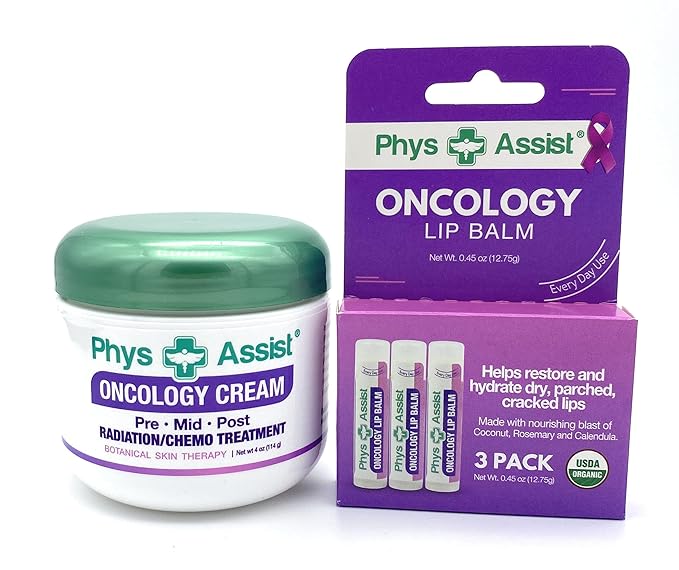 Oncology Cream 4 oz plus 3 Pack Lip Balm. Hydrating to Stressed Skin Undergoing Chemo or Radiation. Skin Therapy. Made with Botanicals.