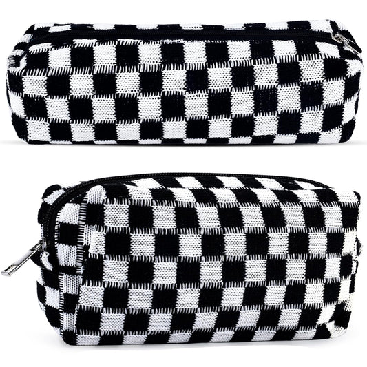 2Pcs Checkered Pencil Case Cute Pencil Pouch for Teens Checkered Makeup Bag Travel Cosmetic Bag Set Cute Makeup Pouch for Purse Portable Zippered Skincare Bags Preppy Toiletry Bags Organizer(Black)