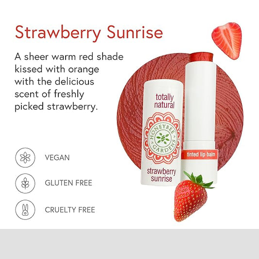 Honeybee Gardens Totally Natural Strawberry Sunrise Tinted Lip Balm, Nourishing Moisture With A Kiss Of Color, Vegan, Gluten-Free