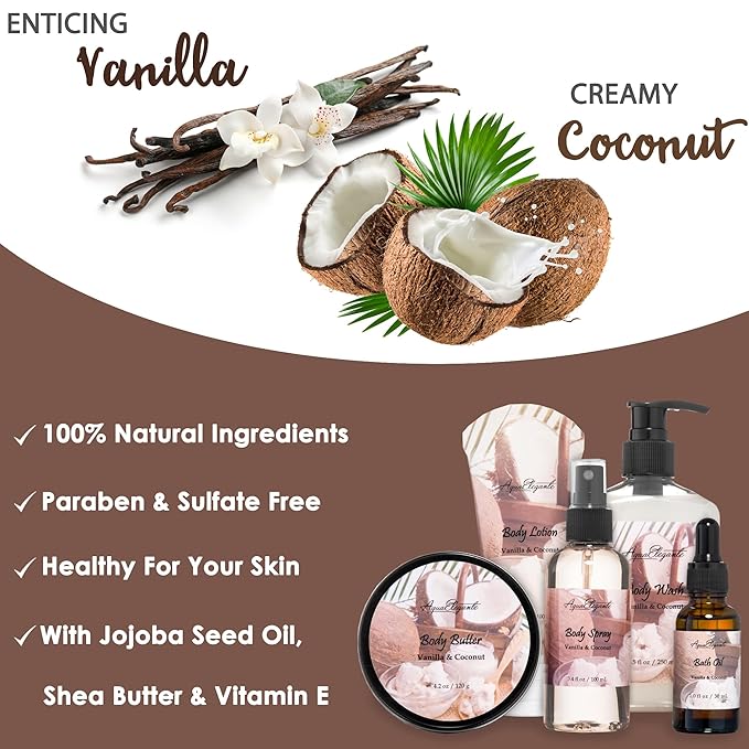 Bath Spa Gift Sets - Luxury Basket With Coconut & Vanilla - Spa Kit Includes Wash, Bubble Bath, Lotion, Bath Salts, Body Scrub, Shower Puff, Bathbombs, Soap in Wooden Basket
