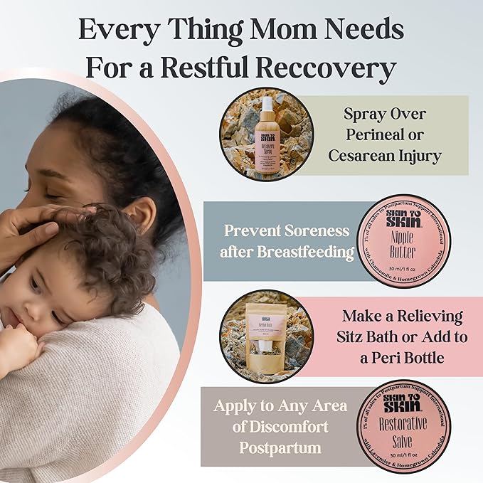 Skin to Skin Postpartum Kit-4 Piece Set in Cosmetic Bag - Postpartum Recovery - Includes: Herbal Bath, Recovery Spray, Restorative Salve, and Nipple Butter - Postpartum Care Kit - After Birth Care Kit
