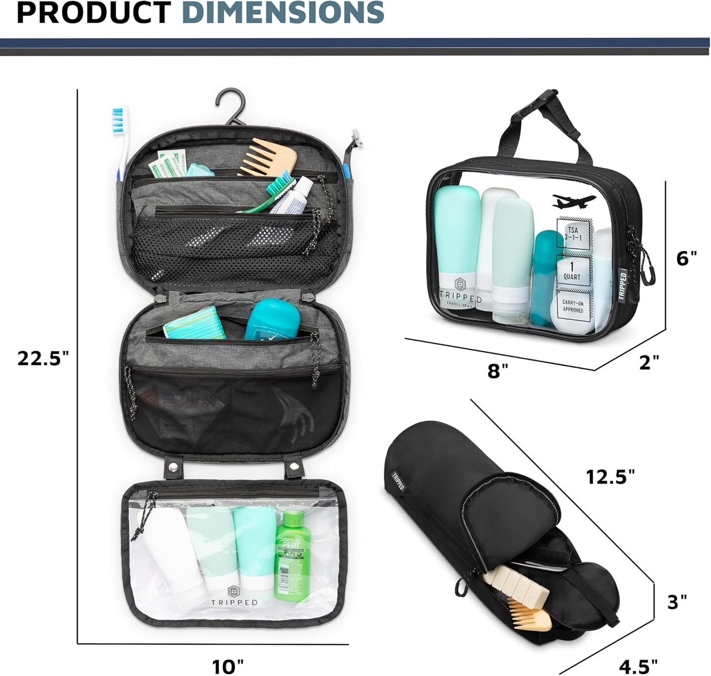 Toiletry Bag Kit Set: Hanging Travel Toiletry Bag + 311 TSA Cosmetic Liquid Bag + Ultralight Accessory Organizer Pouch