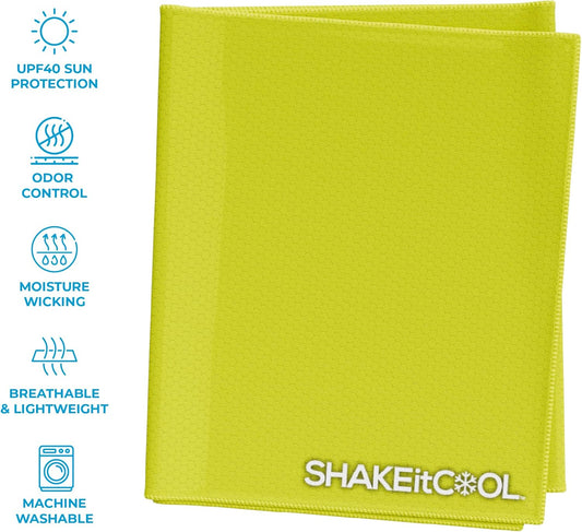 SHAKEitCOOL Extended Size Cooling Towel – Be Cool in Style - Heat Relief, Soft, Lightweight, Sun Protection, Easy Clean - Perfect for Biking, Hiking, Running, Yoga, Golf, Gardening - Safety Yellow M