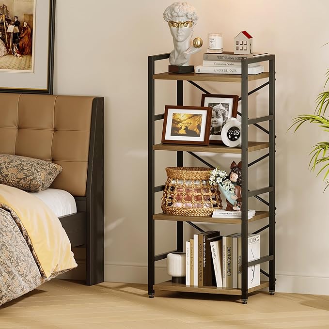 Bookshelf, Kid's Bookshelf, 4 Tier Small Bookcase, Metal Small Bookcase, Book Shelf Organization and Storage for Living Room, Bedroom, and Home Office (Light Coffee)
