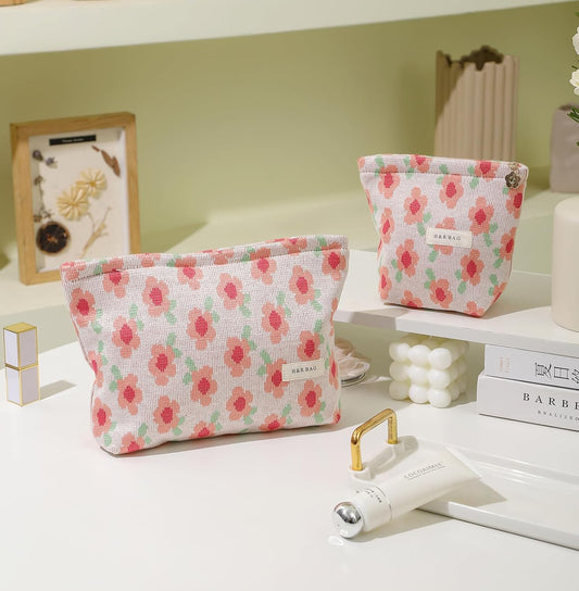 2 Pcs Makeup Bags, Large Cosmetic Bag Travel Toiletry Bag Organizer for Women, Embroidery Craft, Floral Makeup Bag Small Cosmetic Pouch Purse with Zipper Gifts for Girls Teen