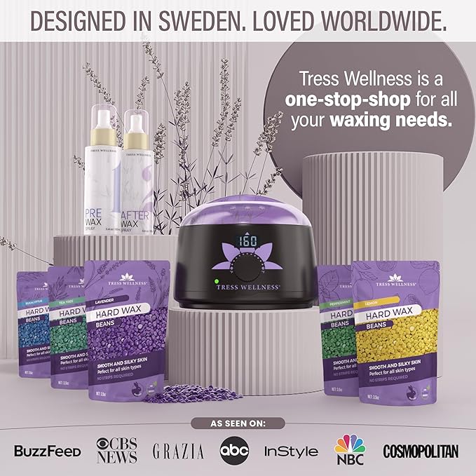 Tress Wellness Waxing Kit for Sensitive Skin – Safe for Face & Skin, Prep & Aftercare Spray, Easy to Use – At-Home Kit for Face, Bikini, Brazilian & Full Body - Digital Display, Dusty Lilac