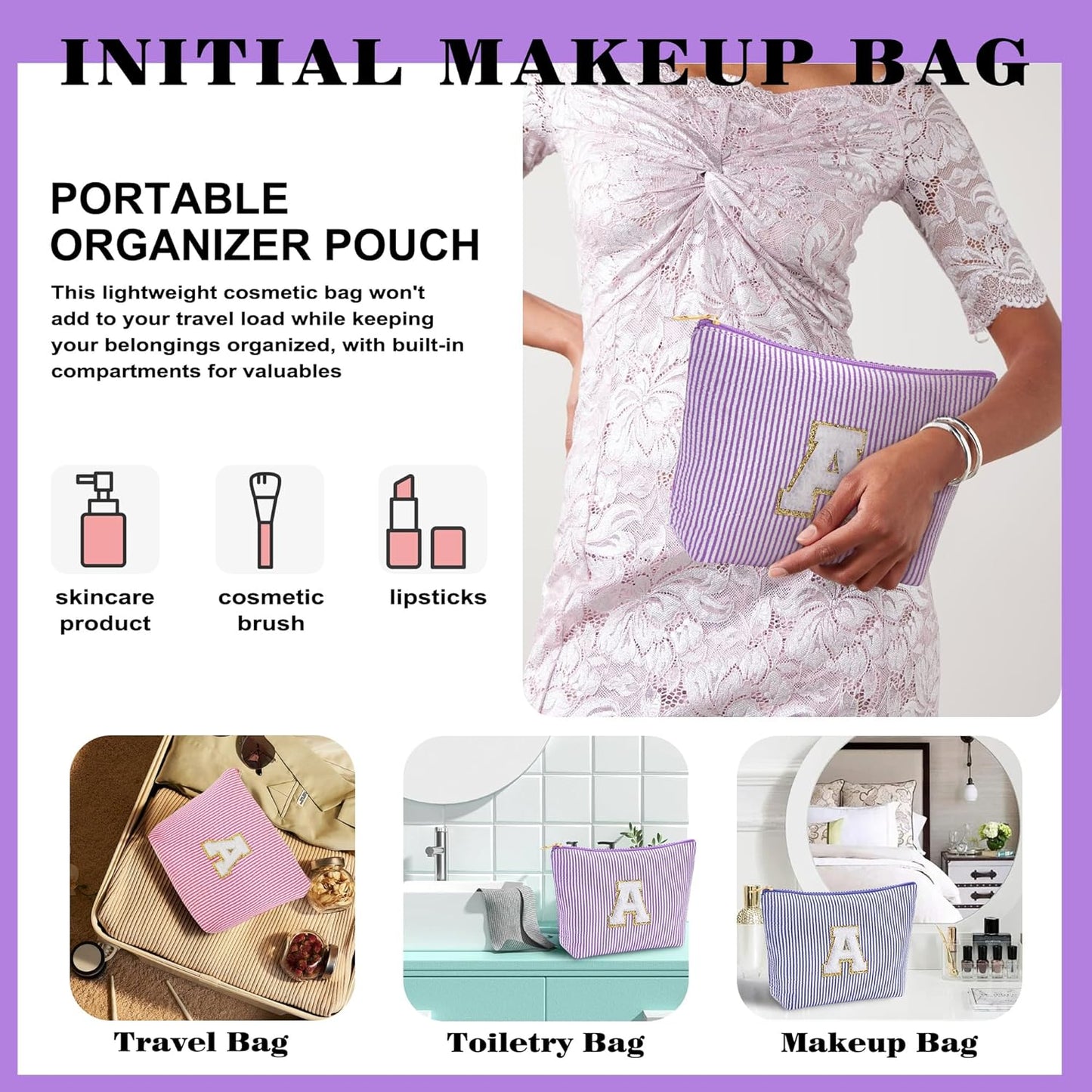 Initial Makeup Kit - Cosmetic Bags for Women, Make up Bag Set Portable Travel Toiletry Bag with Zipper, Cute Purple Stuff Birthday Gifts for Women Mom Girlfriend, Purple Letter C