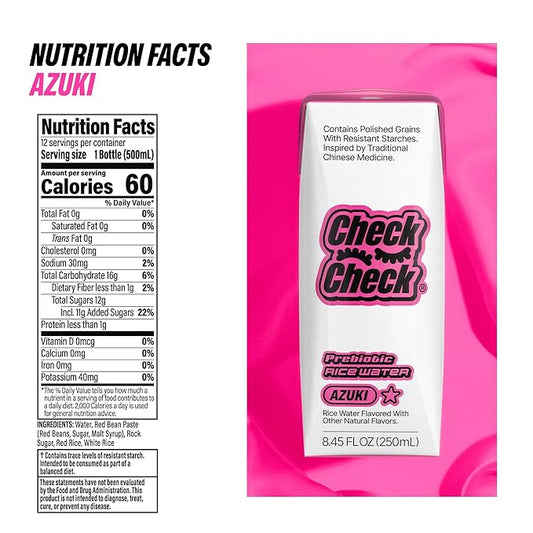 CheckCheck Prebiotic Rice Water, Dawn, Dusk, and Azuki, 12 Pack, 8.45 fl oz Bottles (12 Pack, Azuki)