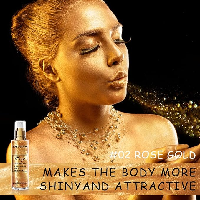 Shimmer Body Oil, Face and Body Liquid Luminizer Waterproof Moisturizing, Light Shimmer Glow Illuminator, Smooth Body Highlighter Makeup Liquid Body Shimmer (2# Gold)