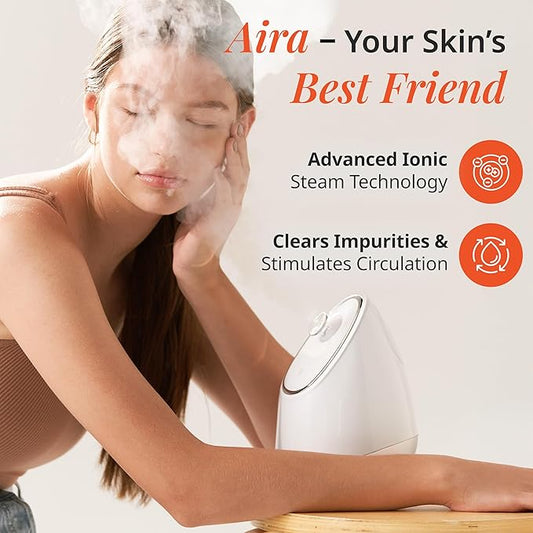 Vanity Planet Aira Ionic Facial Steamer (Beige) - Pore Cleaner That Detoxifies, Cleanses and Moisturizes - Adjustable Nozzle, Water Tank with 3 Essential Oil Baskets