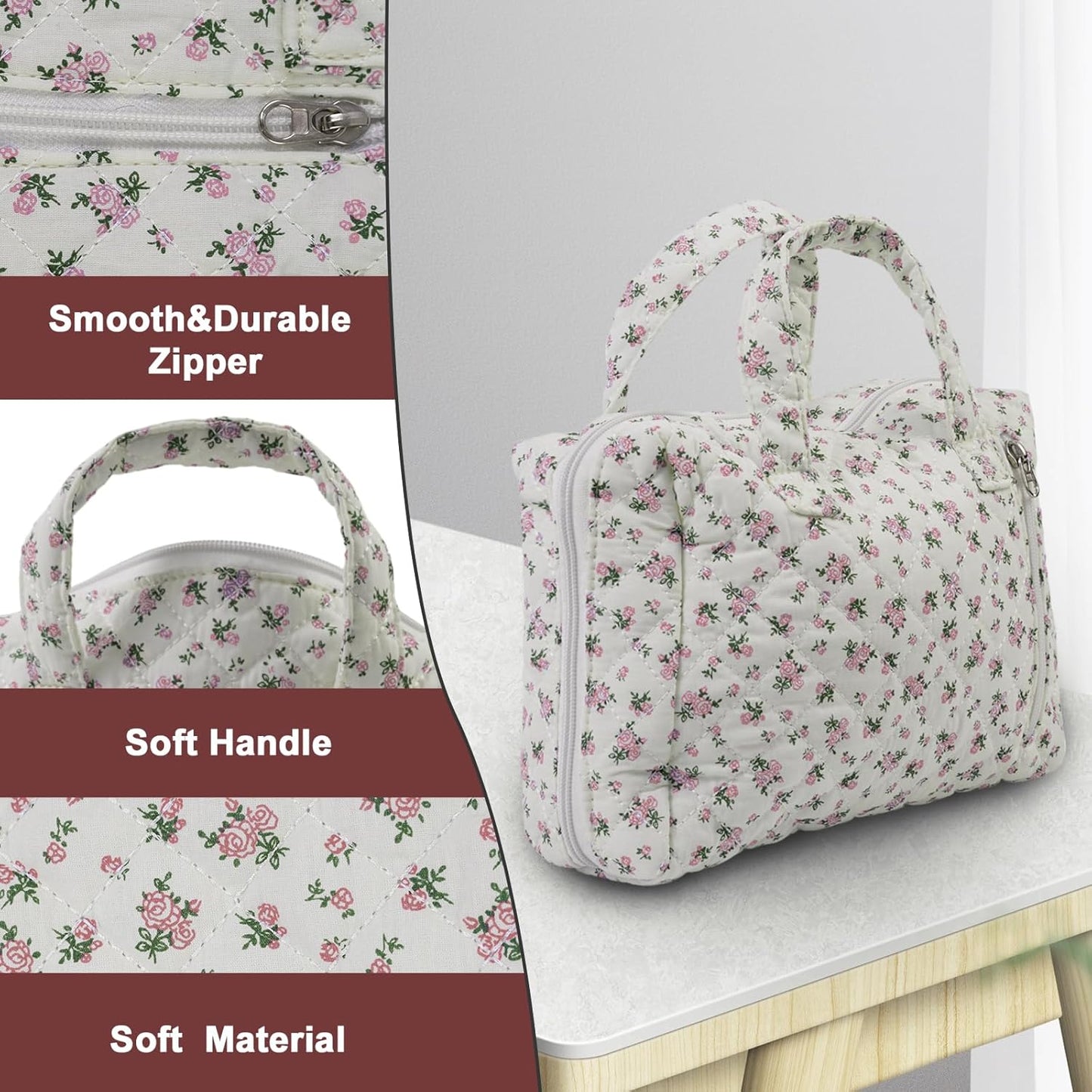 Cute Quilted Floral Makeup Bag(2Pcs)，Coquette Aesthetic Cosmetic Bag，Travel Toiletry Bags， Kawaii Aesthetic pouch for Women (12-Pink)