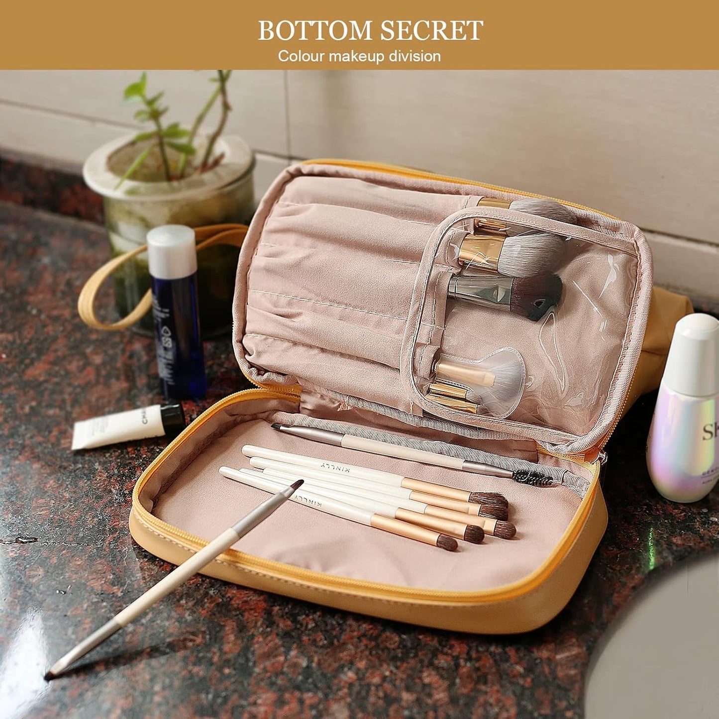 Abiudeng Large Capacity Makeup Bag Ladies Cosmetic Bag Travel Bag with Compartments Portable PU Leather Travel Makeup Bag with Handle