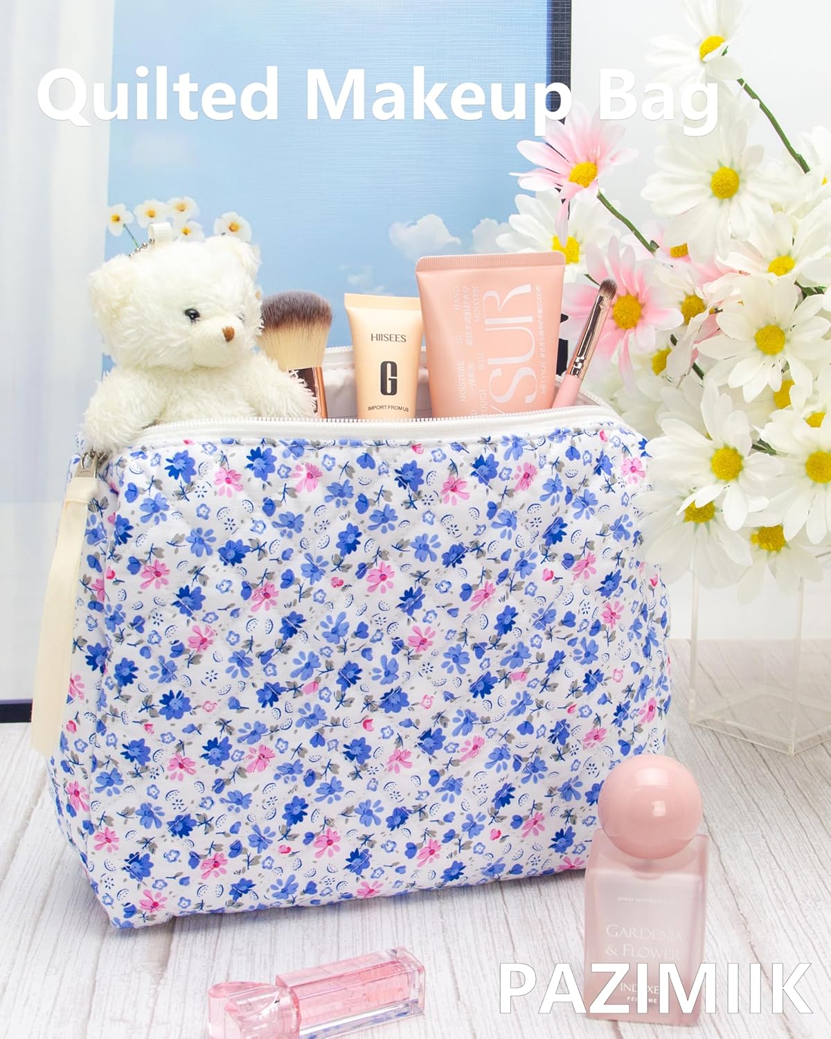 PAZIMIIK Quilted Makeup Bag Large Travel Zipper Soft Cosmetic Pouch for Women Girls Make Up,Floral Blue