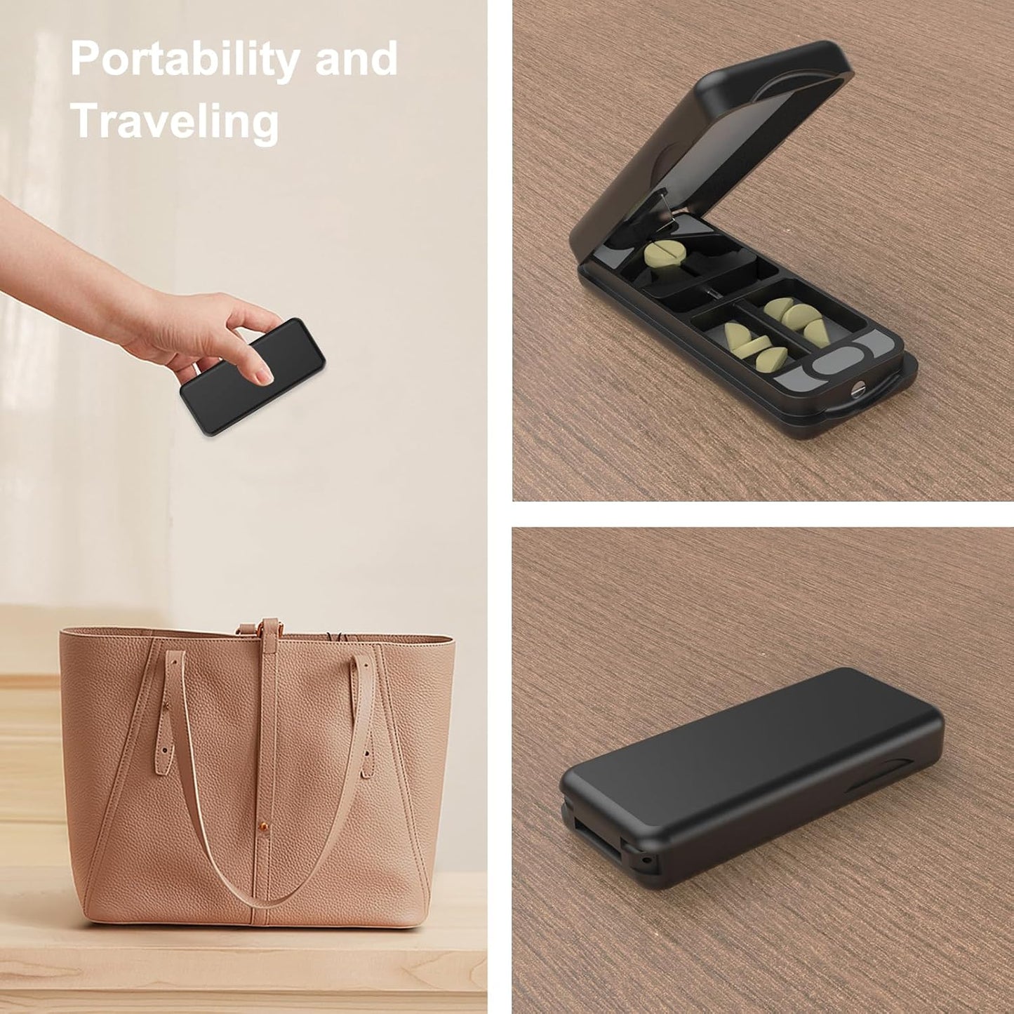 Pill Cutter with Auto Centering Device, Aluminum Pill Splitter with 316L Stainless Blade, Genuine Leather Case, Professional Pill Splitter for Cutting (Plastic,Black)