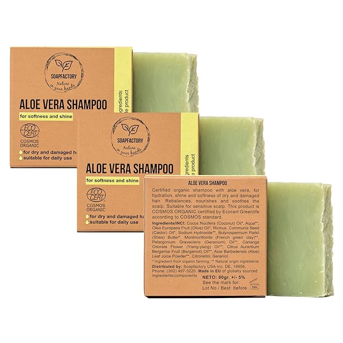 SoapFactory Organic Solid Shampoo Bar for thinning Hair, Hair Soap with Aloe Vera for Men and Women, 100% Natural, Vegan, Handmade, Plastic Free, 3 ounce (Pack of 3)