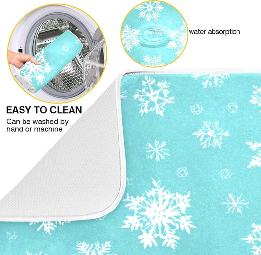 Winter Snowflake Turquoise Dish Drying Mat for Kitchen Countertop 16x18 Christmas Snow Aqua Xmas Small Drying Mat Reusable Quick Dry Dish Sink Mats Easy Clean Decorative Essentials