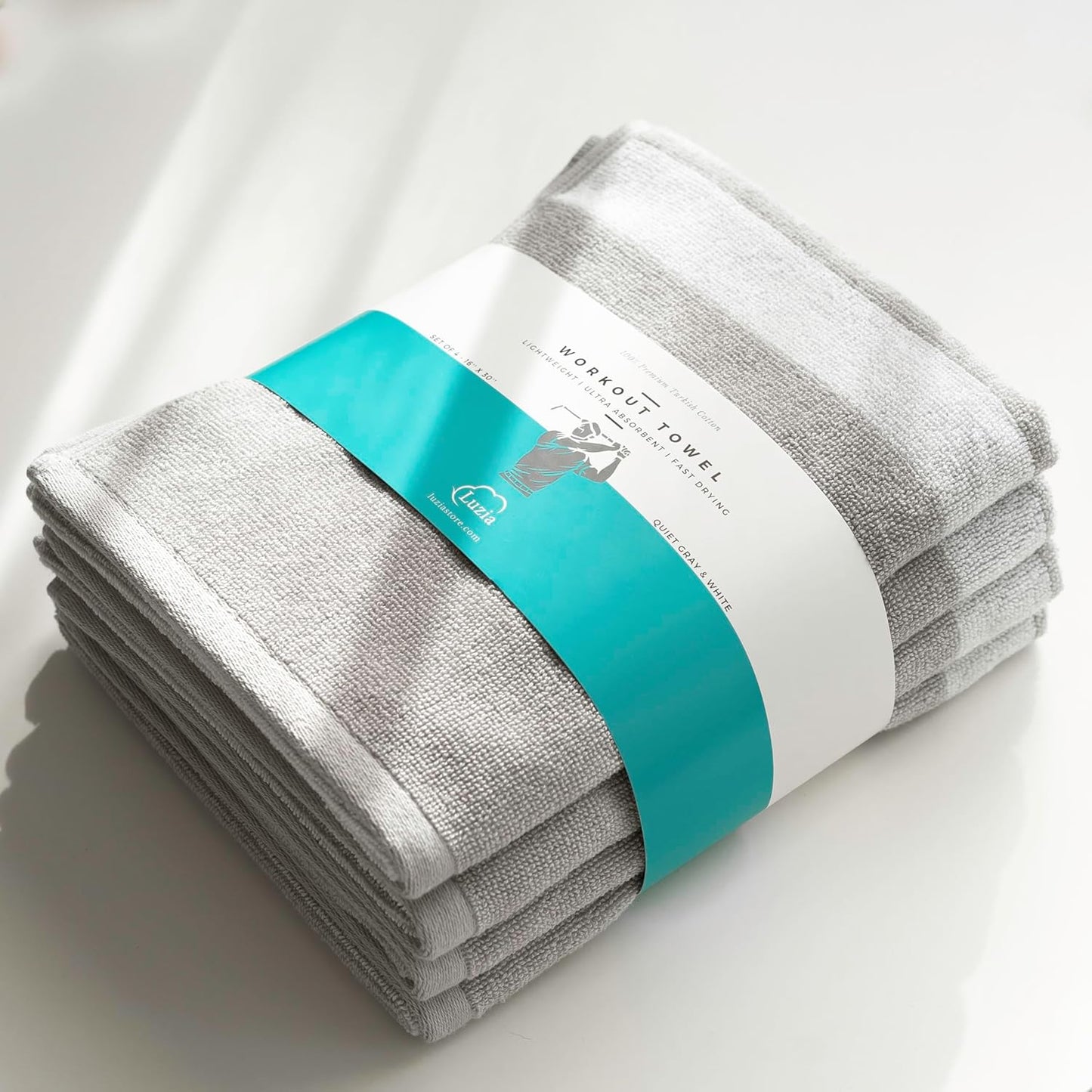 Luzia Striped Workout Towel for Sweat (Pack of 4) - Premium Quality 100% Turkish Cotton - Lightweight and Super Absorbent for Exercise, Sports, Workout, Fitness, Gym, Yoga, Running (Gray)