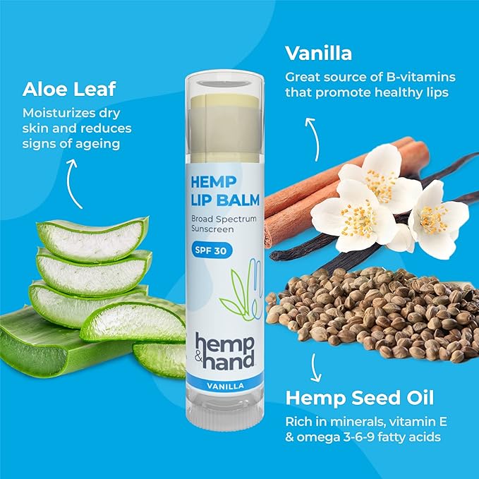 Organic Vanilla Hemp Lip Balm with Beeswax, Coconut Oil and Vitamin E - SPF 30 (2-Pack) - by Hemp and Hand