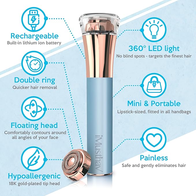 Flawless Facial Hair Remover for Women Painless Electric Razor Epilator Trimmer Shaver with 18K Gold-Plated, 16mm Dual Ring Floating Head, USB Rechargeable, 360° LED for Face Lip Hair Removal