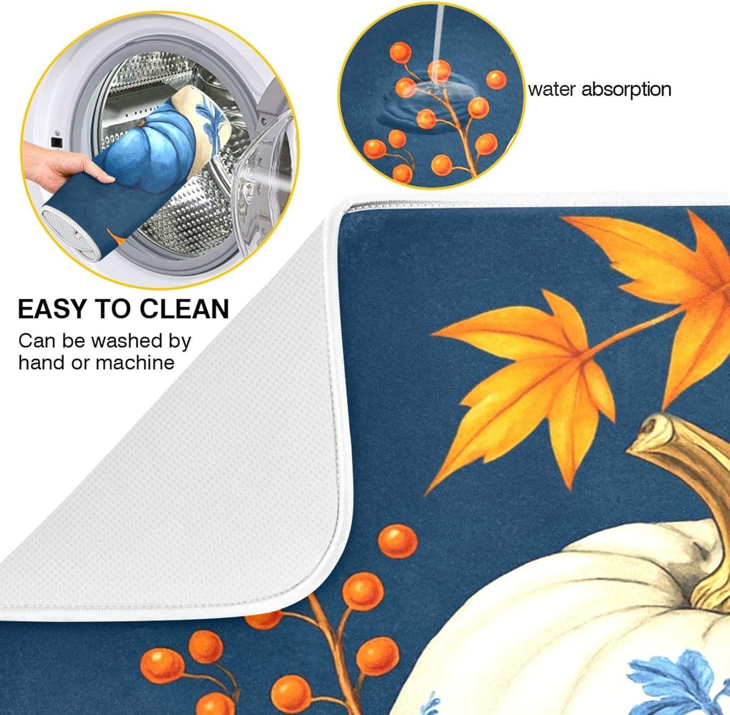 Pumpkin Porcelain Blue White Dish Drying Mat for Kitchen Countertop 18x24 Fall Maple Leaves Thanksgiving Day Large Drying Mat Reusable Quick Dry Dish Sink Mats Easy Clean Autumn Decorative Essentials