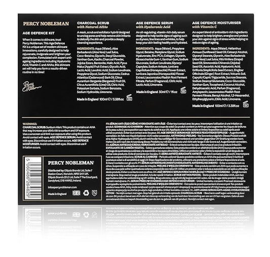 Percy Nobleman Age Defence Kit, a men's skincare set containing Charcoal Face Scrub (with Natural AHAs), ultra-hydrating Facial Serum (with Hyaluronic Acid), and Moisturiser (with Vitamin C)