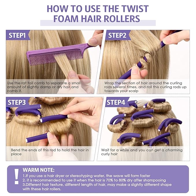 Syhood 30 Pcs 7'' Flexible Curling Rods Twist Foam Hair Rollers Soft Foam No Heat Hair Rods Rollers and 1 Steel Pintail Comb Rat Tail Comb for Women Long Short Hair(Purple,7 x 0.3 Inch)