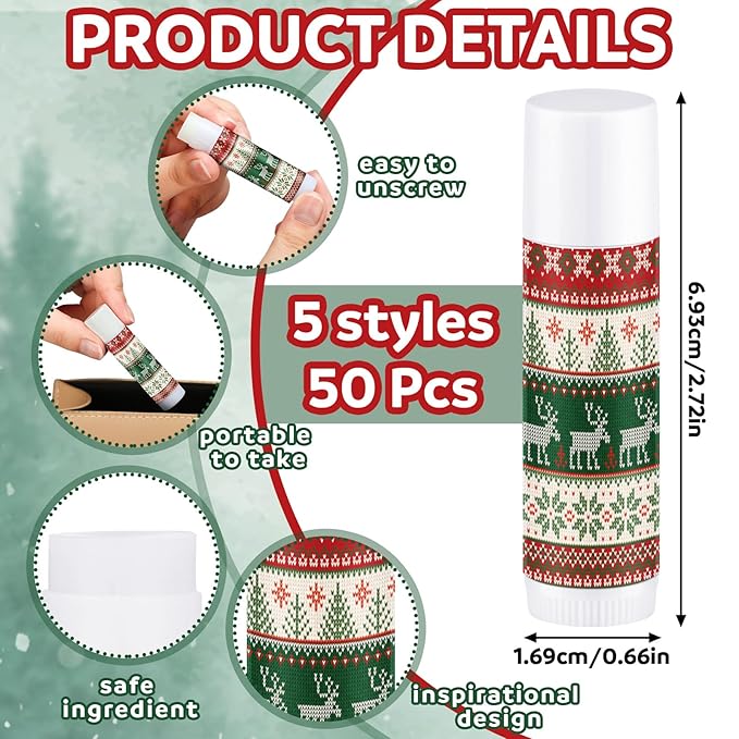 Dunzy 50 Pcs Lip Balm in Bulk Christmas Gift Set Moisturizing Lip Ugly Sweater Baby Shower Party Favor Supplies with Assorted Fruit Flavors for Women Men Dry Chapped Lips Holiday Gift Prize