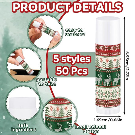 Dunzy 50 Pcs Lip Balm in Bulk Christmas Gift Set Moisturizing Lip Ugly Sweater Baby Shower Party Favor Supplies with Assorted Fruit Flavors for Women Men Dry Chapped Lips Holiday Gift Prize