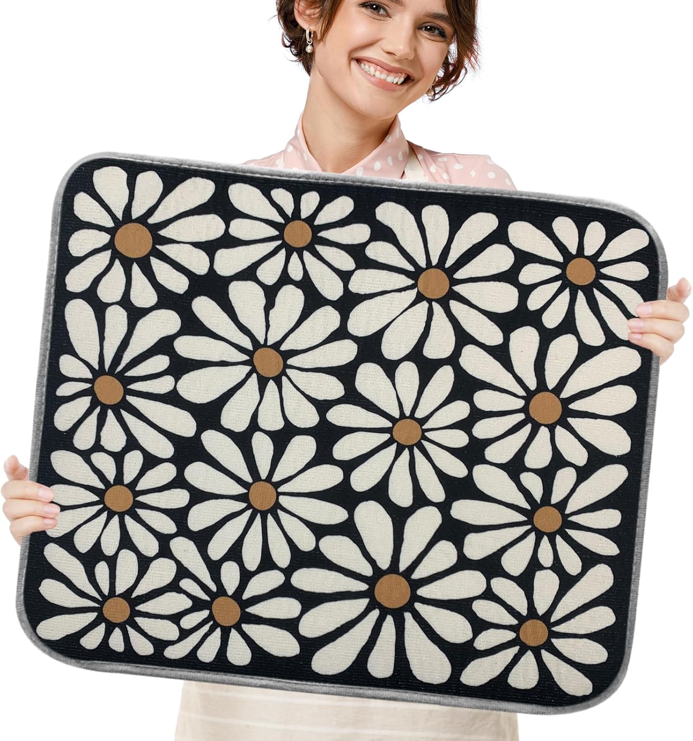 SHIYUE Dish Drying Mat for Kitchen Counter Super Absorbent Spring Kitchen Decor Microfiber Drying Matainers Rack Fast Pad Dish Drainer Mats(Black Flower,18''x24'')