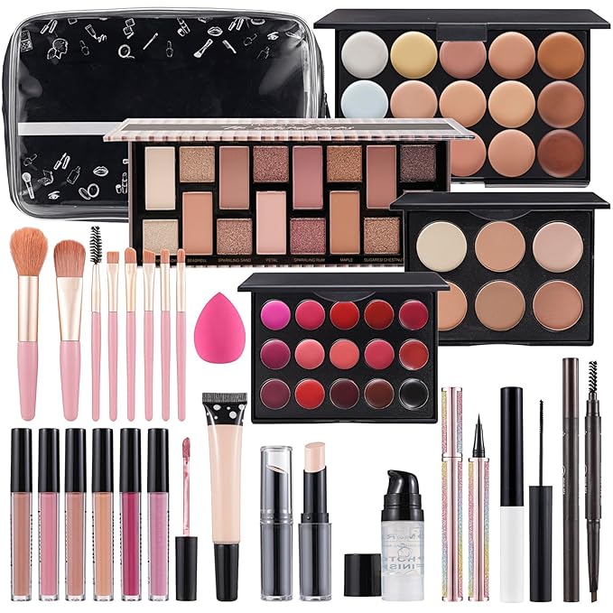 Makeup Kit For Women Full kit, Makeup Set For Teen Girls Eyeshadow Lip gloss Lipstick Make up Brushes Eyebrow Eyeliner Pen Liquid Concealer Foundation Primer Puff Eye shadow Shields Eye Brow Stencil