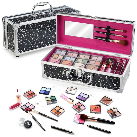 Color Nymph Beginners Makeup Kit With Train Case For Teenagers Girls, Full Starter Cosmetics Set Included 32 Colors Eyeshadow, Glitter Cream, Blush, Highlighter, Lip Gloss and Brush (Black)