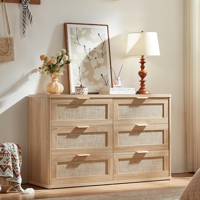 LEYAOYAO Rattan Dresser and Nightstand Set of 2, Boho Wood Dresser for Bedroom with 6 Drawers and Night Stand with Charging Station, Bedroom Furniture, Dressers & Chests of Drawers,Living Room,Hallway