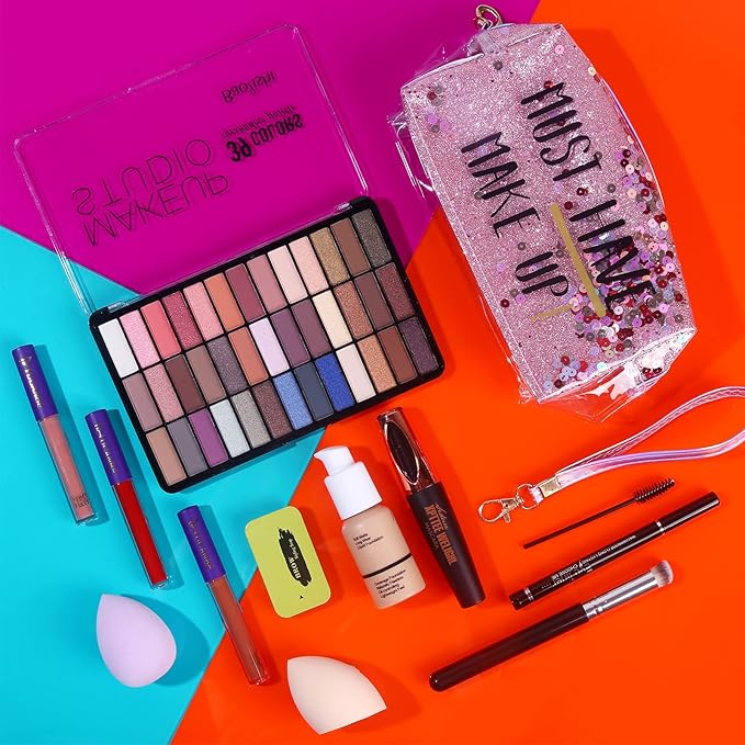 Makeup Set For Women Full Kit - 39 Colors Nude Smokey Eyeshadow Palette, Liquid Foundation + Concealer Brush, Black Mascara Eyeliner Pen, Matte Liquid Lipstick Set, Eyebrow Soap Gel Kit, Makeup Sponges with Makeup Bag Gift Set