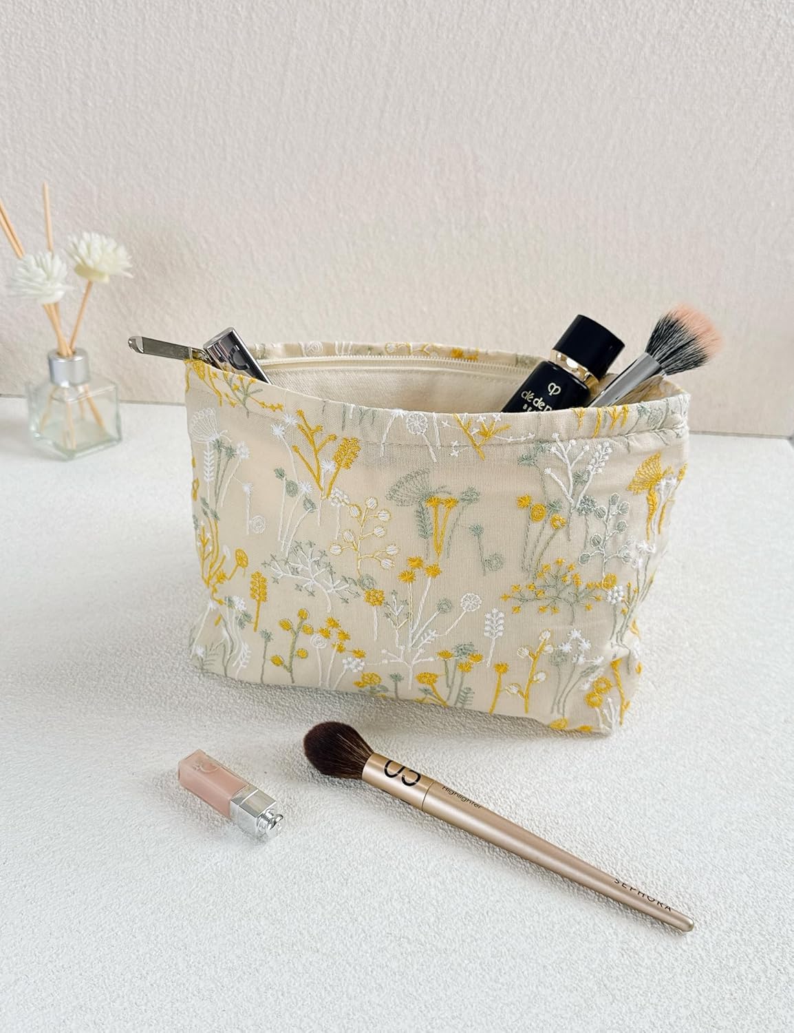 2 Pcs Makeup Bags, Large Cosmetic Bag Travel Toiletry Bag Organizer for Women, Embroidery Craft, Floral Makeup Bag Small Cosmetic Pouch Purse with Zipper Gifts for Girls Teen