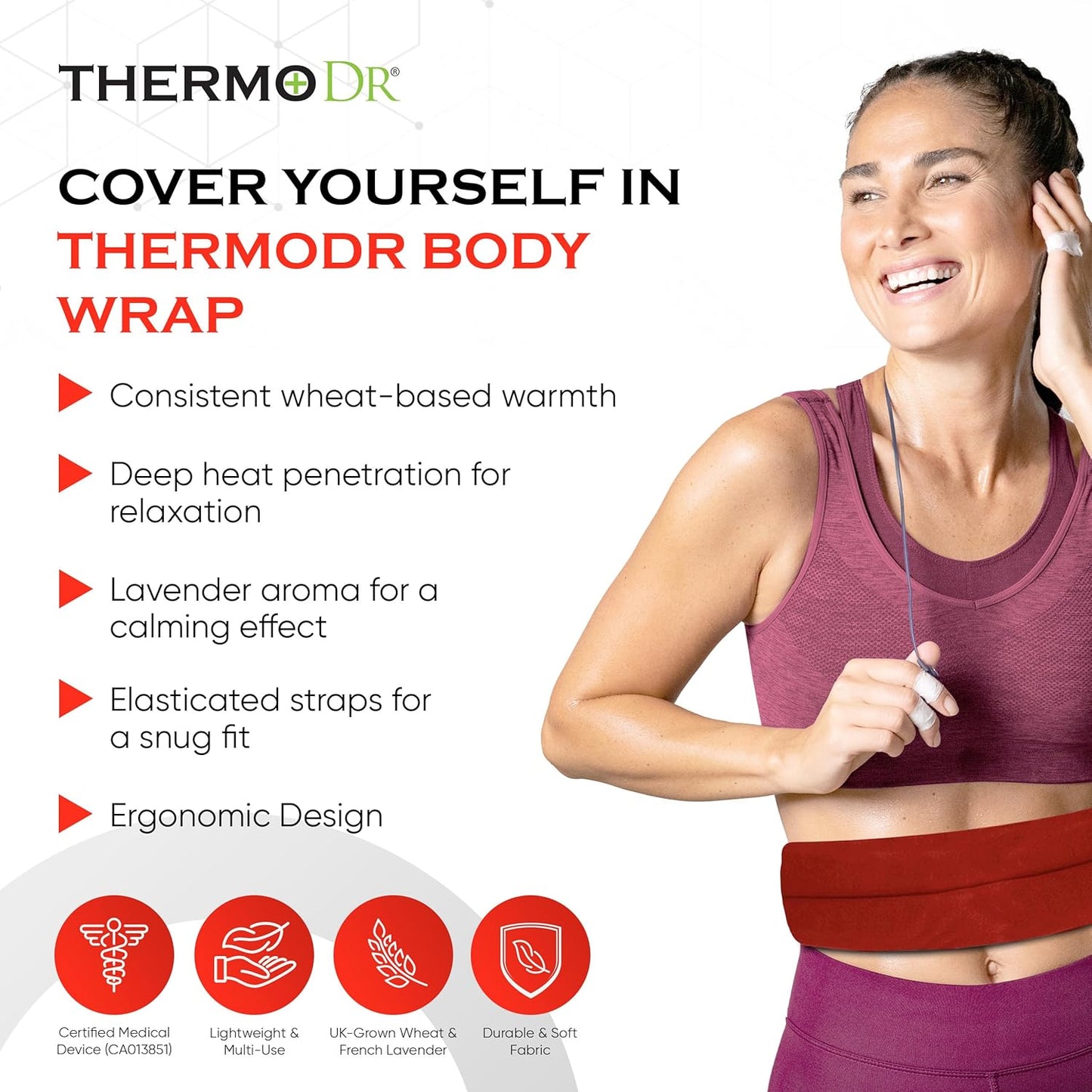 Microwavable Heating Pad for Neck, Back, & Shoulders - Heating Bean Bag Microwavable Pillow w/Elasticated Strap - Wheat & Unscented Heating Pad Wrap - ThermoDR, Red