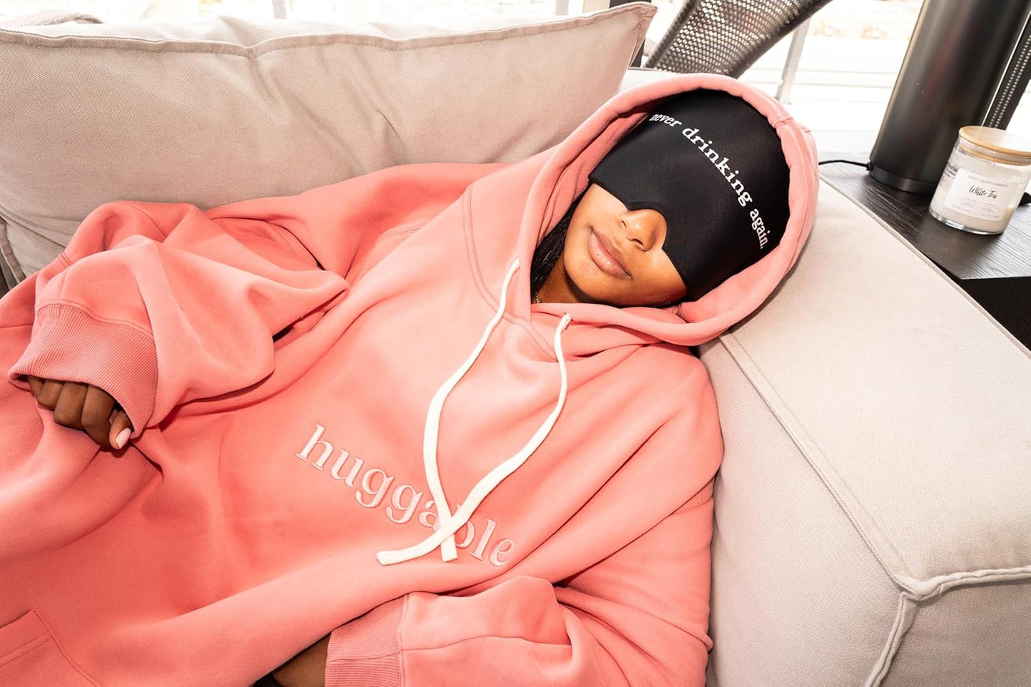 Huggs Migraine Relief Cap - Never Drinking Again - Cooling Gel Head Wrap, Cold Compress Cap for Headache, Stress, & Tension