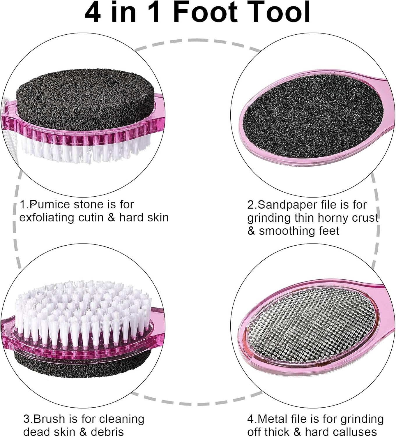 Pumice Stone Brush for Feet 4 in 1, Foot File Callus Remover, Foot Rasp and Sand Paper Pedicure Tools with Handle, Shower Foot Scrubber, Soft Smooth Feet for Home Foot Care,4 Pack
