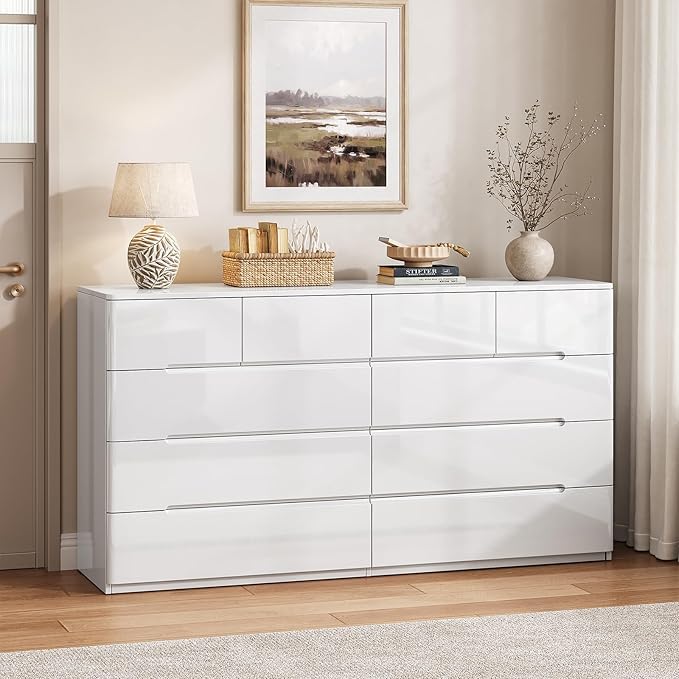10 Drawer White Dresser for Bedroom, 55" Long Dresser Chest of Drawers, Large High Gloss Modern Storage Cabinet with Big Drawers Handle Free, Living Room, Entryway, Hallway
