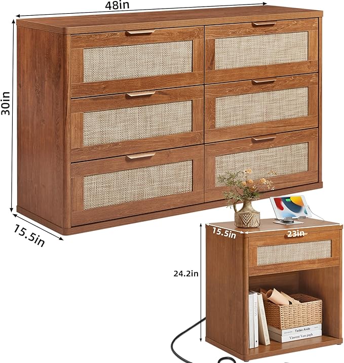 LEYAOYAO Rattan Dresser and Nightstand Sets 3 Piece, Boho Wood Dresser for Bedroom with 6 Drawers and Night Stand with Charging Station, Bedroom Furniture, Dressers & Chests of Drawers, Living Room
