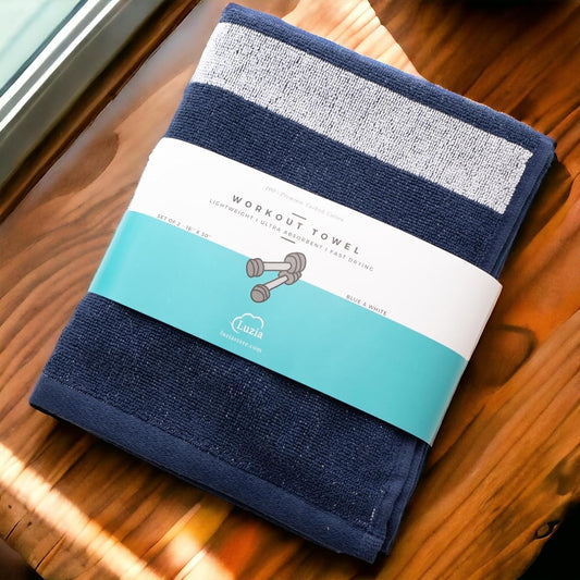 Luzia Striped Workout Towel for Sweat (Pack of 2) - Premium Quality 100% Turkish Cotton - Lightweight and Super Absorbent for Exercise, Sports, Workout, Fitness, Gym, Yoga, Running (Blue)