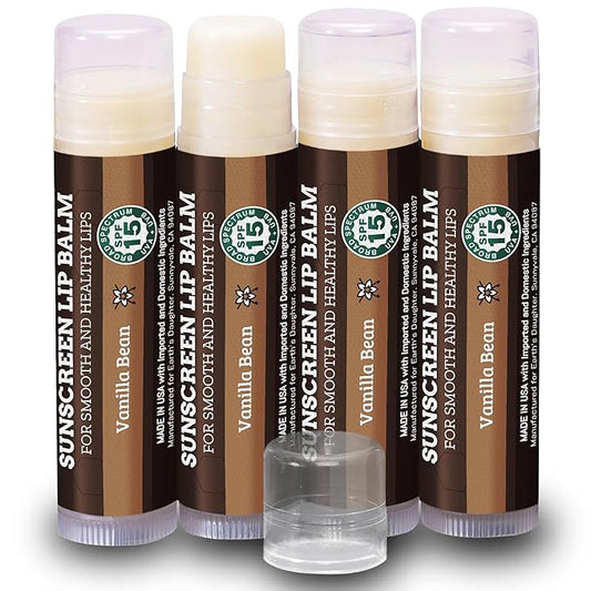 SPF Lip Balm 4-Pack by Earth's Daughter - Lip Sunscreen, SPF 15, Organic Ingredients, Vanilla Flavor, Beeswax, Coconut Oil, Vitamin E - Hypoallergenic, Paraben Free, Gluten Free