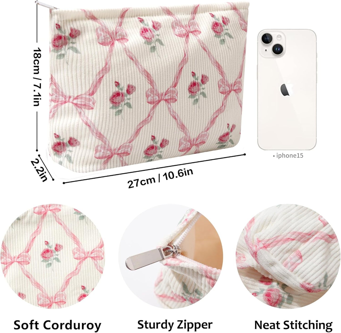 Cosmetic Bags for Women - Corduroy Cosmetic Bag Aesthetic Women Handbags Purses Smile Dots Makeup Organizer Storage Makeup Bag Girls Case Bags (Flowers-Pink strawberry)