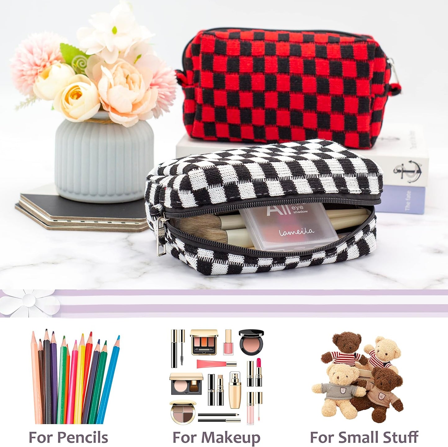PAZIMIIK Checkered Makeup Bag for Purse Portable Zipper Make Up Pouch Small Cosmetic Case for Travel Accessories (Black)