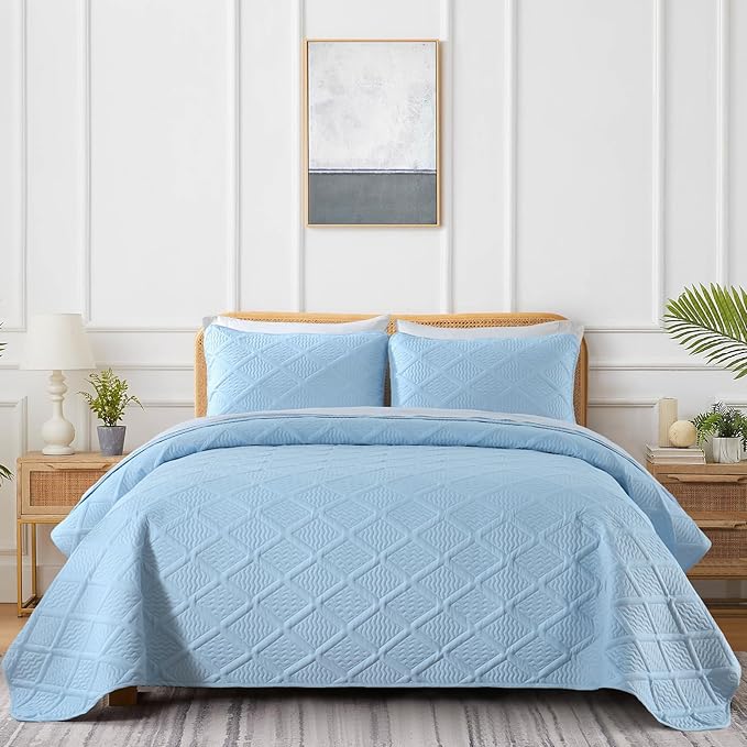 Yiran Ash Blue Quilt Set King Size, 3 Piece Reversible Bedspreads Bedding Set, Fall Diamond Pattern Coverlet for All Season with 2 Pillow Shams (King, 106x96 Inch)