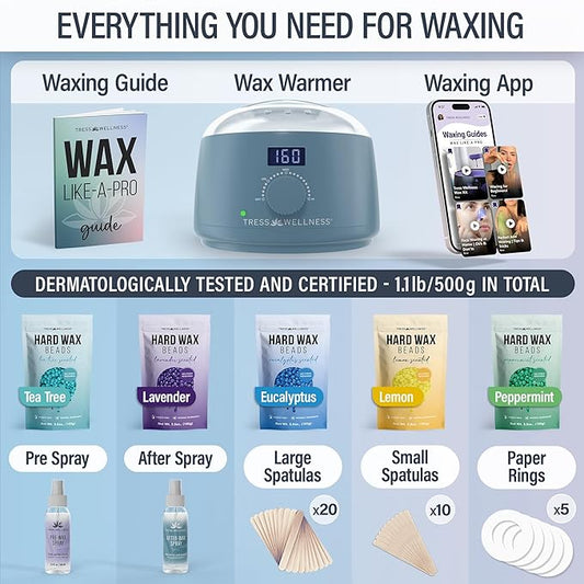 Tress Wellness Waxing Kit for Sensitive Skin – Safe for Face & Skin, Prep & Aftercare Spray, Easy to Use – At-Home Kit for Face, Bikini, Brazilian & Full Body - Digital Display, Blue