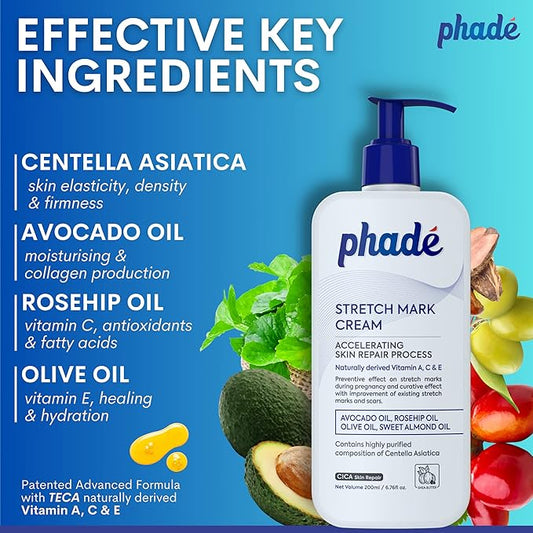 Phade Stretch Mark Cream with CICA - 200ml | Pregnancy, Scars, Uneven Skin Tone, Aging | Dermatologist Tested, Clinically Proven Formula for Stretch Marks, Hydration, and Skin Repair