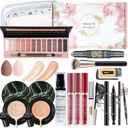 Makeup Kit Set for Women, Makeup Present for Women Teens Girl, Eyeshadow Palette Air Cushion CC Cream Primer Brush Spong Contour Lipstick Eyebrow Soap Mascara Eyeliner C